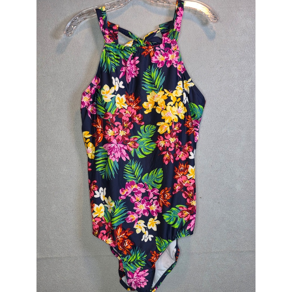 Cleanwater Womens Floral High Neck One Piece Swimsuit Navy Plus 16W 53007953
